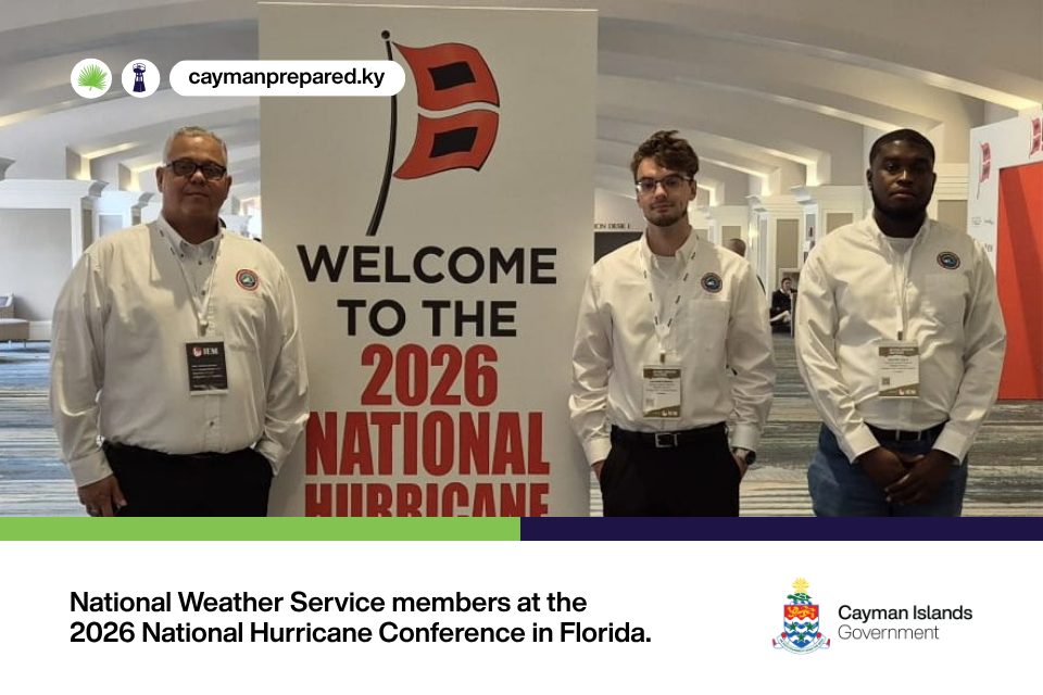 Photo caption: (L-R): Allan Ebanks and Benjamin Harding, Meteorological Forecasters, and Dwayne Leslie, Aeronautical Meteorological Observer, at the 2026 National Hurricane Conference in Orlando, Florida.