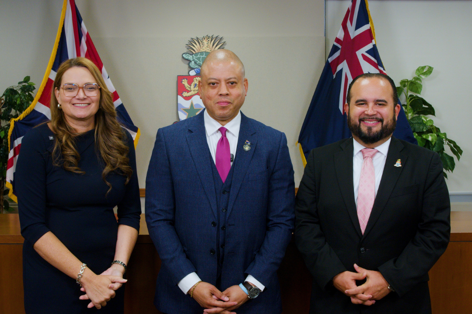 Premier Honourable André Ebanks, Minister for Health, Environment and Sustainability Hon Katherine Ebanks-Wilks and Acting Minister for Finance and Economic Development Hon Nickolas DaCosta announce government’s plans to ease energy costs.