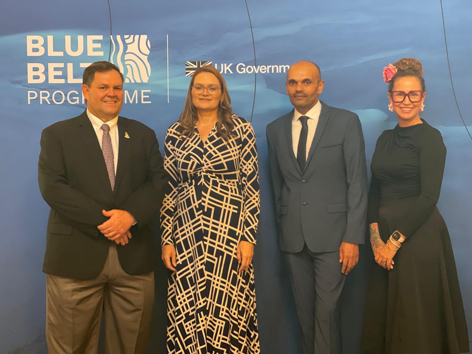 Hon. Wayne Panton, Minister Katherine Ebanks-Wilks, Amdeep Sanghera, UK Overseas Territories Conservation Officer with the Marine Conservation Society, and Dr. Tasha Ebanks Garcia at the Blue Belt Programme's 10th Anniversary event in London.